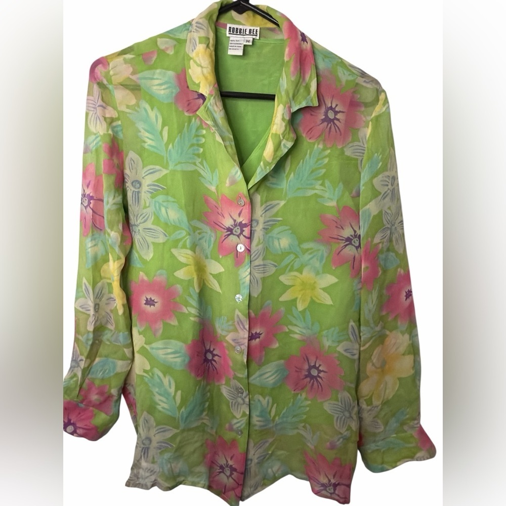 Robbie Bee Lime Green Floral Silk Blouse with Pink & Yellow Accents